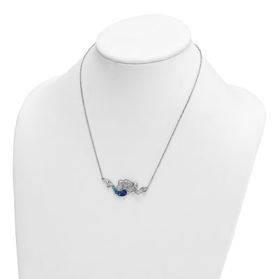 Sterling Silver Rhodium-Plated Polished Blue and White Crystal Mermaid with a extention Necklace