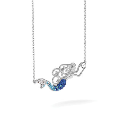 Sterling Silver Rhodium-Plated Polished Blue and White Crystal Mermaid with a extention Necklace