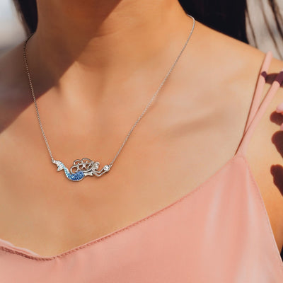 Sterling Silver Rhodium-Plated Polished Blue and White Crystal Mermaid with a extention Necklace