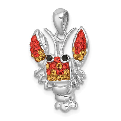 Sterling Silver Rhodium-plated Polished Orange Crystal Lobster Pendant