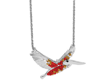 Sterling Silver Rhodium-plated Polished Orange Crystal Pelican Pendant