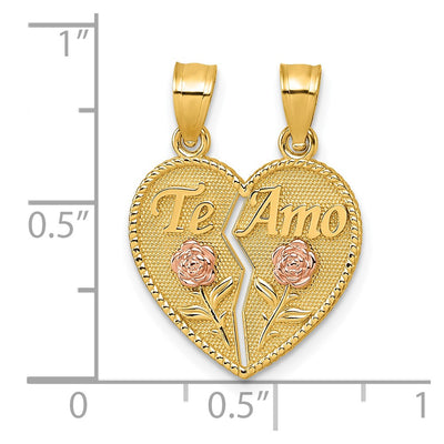 14K Two-tone Polished Break-Apart Heart With TE AMO And Roses Pendant
