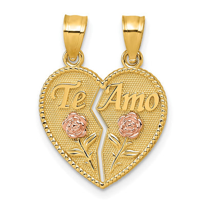 14K Two-tone Polished Break-Apart Heart With TE AMO And Roses Pendant