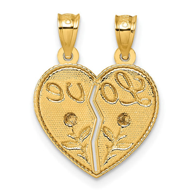 14K Two-tone Polished Break-Apart Heart With LOVE And Roses Pendant