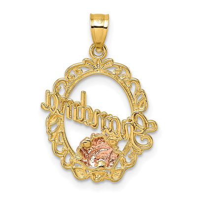 14K Two-tone and White Rhodium Polished GRANDMA Rose Oval Pendant