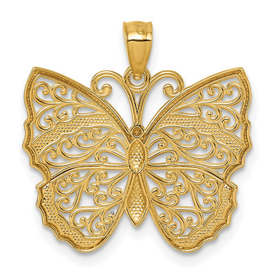 14K and Rhodium Textured Fancy Filigree Butterfly Pendant