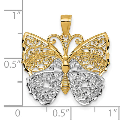 14K and Rhodium Textured Fancy Filigree Butterfly Pendant