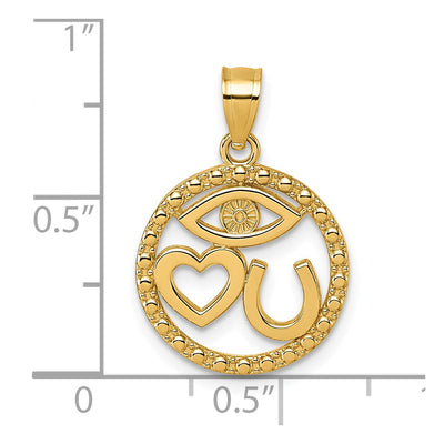 14K Polished Heart Evil Eye And Horse Shoe In Circle Pendant