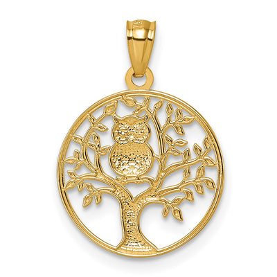 14K and Rhodium Textured Owl Sitting In Tree In Circle Pendant