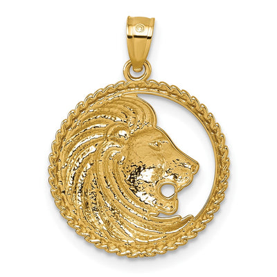 14K Polished Lion with Mane in Textured Circle Pendant