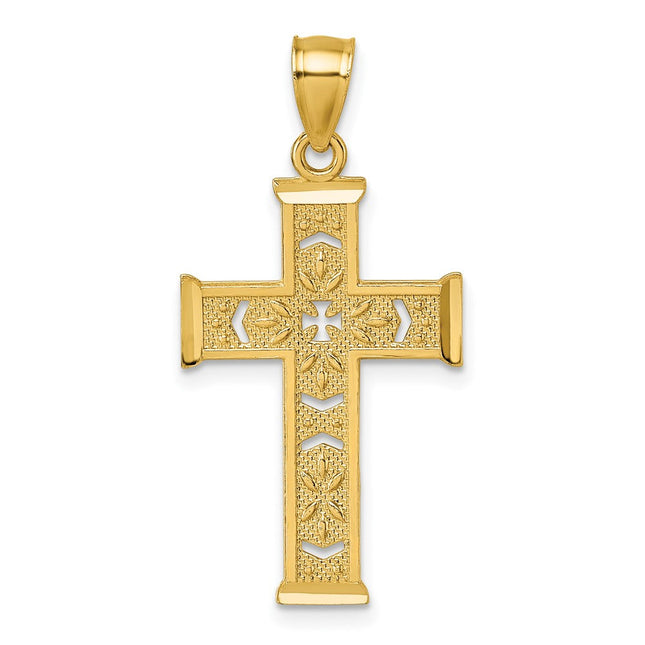14k Polished Diamond-cut Textured Fancy Pierced Design Cross Pendant, 34.1 x 17.1mm