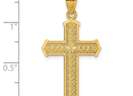 14k Polished Diamond-cut Textured Fancy Pierced Design Cross Pendant, 34.3 x 18.8mm