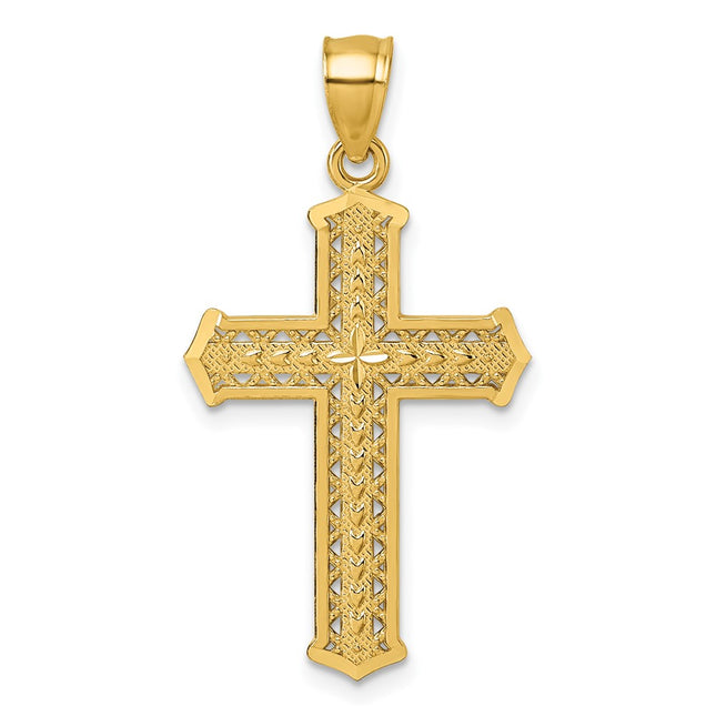 14k Polished Diamond-cut Textured Fancy Pierced Design Cross Pendant, 34.3 x 18.8mm