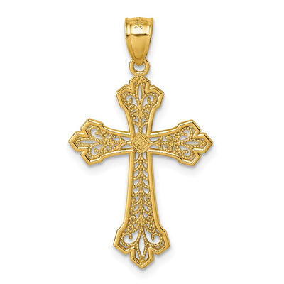 14K Polished Diamond-cut Fleur de Lis Filigree Textured Fancy Cross Pendant