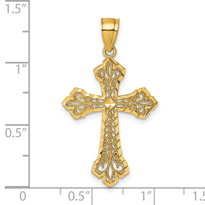 14K Polished Diamond-cut Fleur de Lis Filigree Textured Fancy Cross Pendant