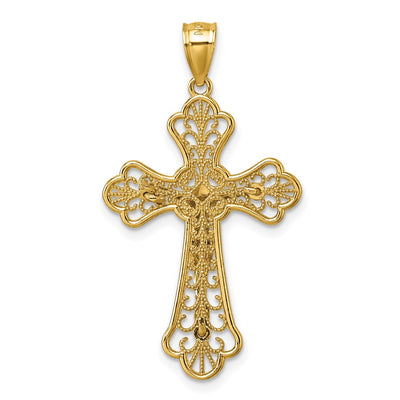 14K Polished Diamond-cut Fleur de Lis Filigree Fancy Crucifix Pendant