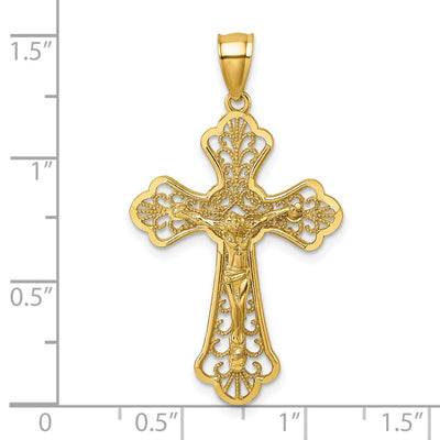 14K Polished Diamond-cut Fleur de Lis Filigree Fancy Crucifix Pendant