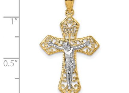 14k Two-tone Polished and Textured Filigree Passion Crucifix Pendant, 32.8 x 18.3mm