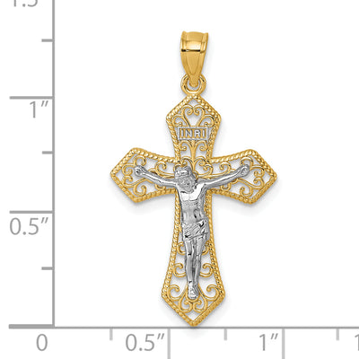 14K Two-tone Polished and Textured Filigree Passion Crucifix Pendant, 32.8 x 18.3mm