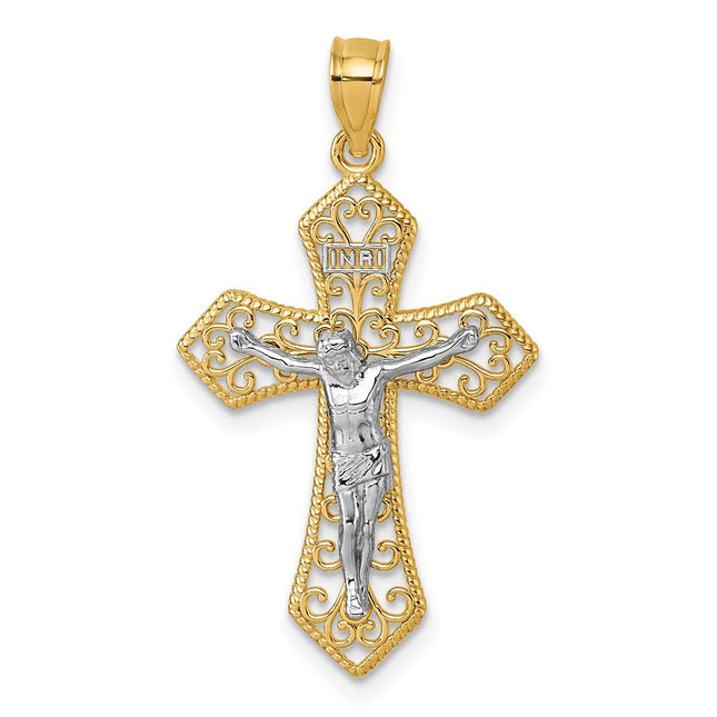 14k Two-tone Polished and Textured Filigree Passion Crucifix Pendant, 32.8 x 18.3mm