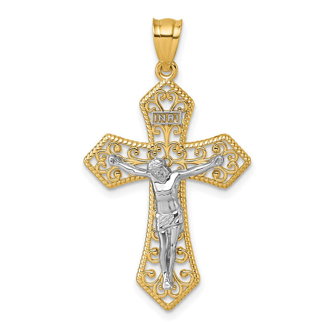 14k Two-tone Polished and Textured Filigree Passion Crucifix Pendant, 37.2 x 21.0mm