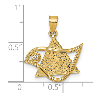 14K Polished and Textured CZ Bird and Triangle Star of David Pendant