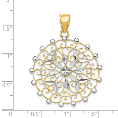 14K White Rhodium Diamond-cut Filigree Pendant, 43 x 32mm