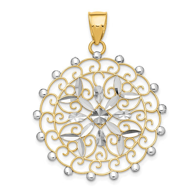 14K White Rhodium Diamond-cut Filigree Pendant, 43 x 32mm