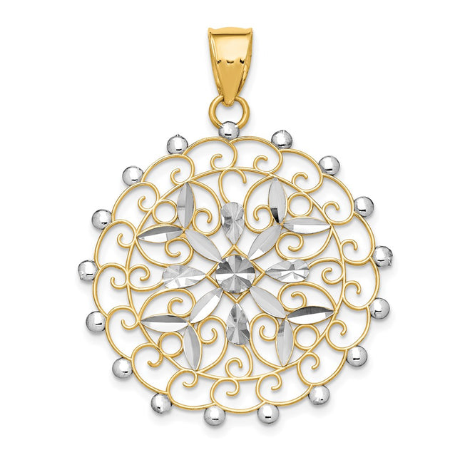 14k White Rhodium Diamond-cut Filigree Pendant, 43 x 32mm