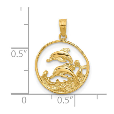 14K Double Dolphin Circle Pendant