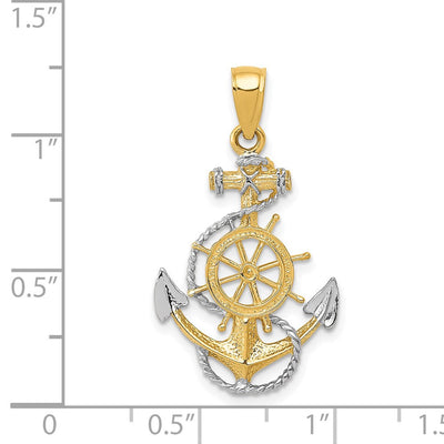 14K w/ Rhodium Anchor W/Rope Pendant, 31 x 17mm