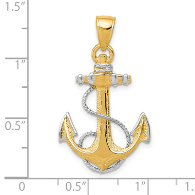 14K w/ Rhodium Anchor W/Rope Pendant, 33 x 20mm
