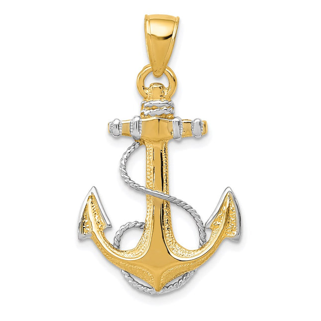 14K w/ Rhodium Anchor W/Rope Pendant, 33 x 20mm