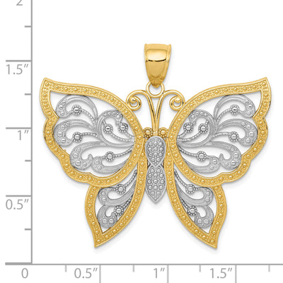14K w/Rhodium Diamond Cut Butterfly Pendant, 36 x 41mm