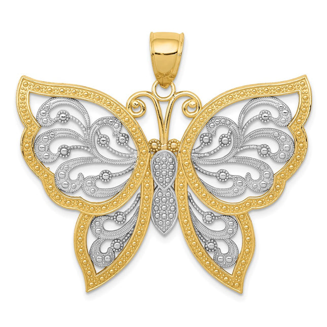14k w/Rhodium Diamond Cut Butterfly Pendant, 36 x 41mm