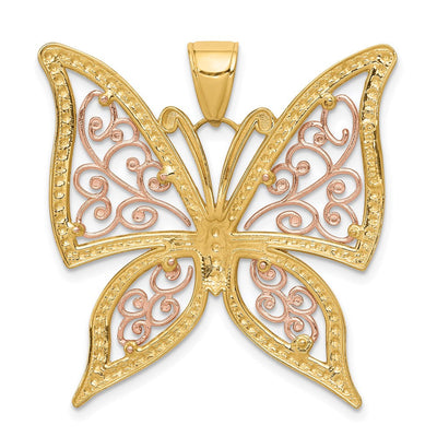 14K Two-tone w/White Rhodium Diamond-cut Butterfly Pendant, 34 x 33mm
