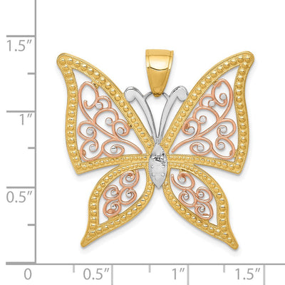 14K Two-tone w/White Rhodium Diamond-cut Butterfly Pendant, 34 x 33mm