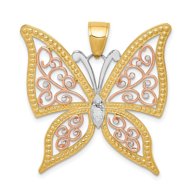 14k Two-tone w/White Rhodium Diamond-cut Butterfly Pendant, 34 x 33mm