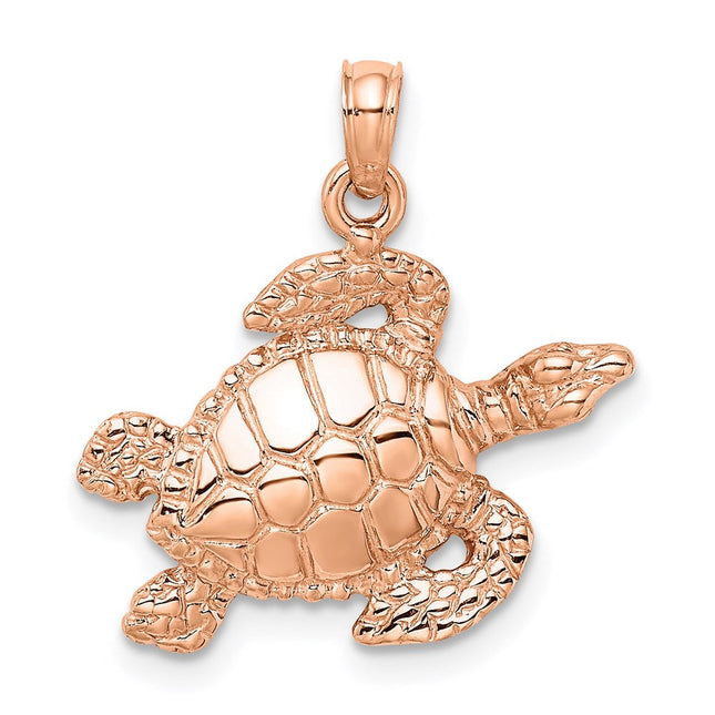 14k Rose Gold Textured Sea Turtle Charm, 20.5 x 19.8mm