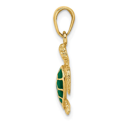 14K Green Enameled Sea Turtle Pendant, 22 x 13mm