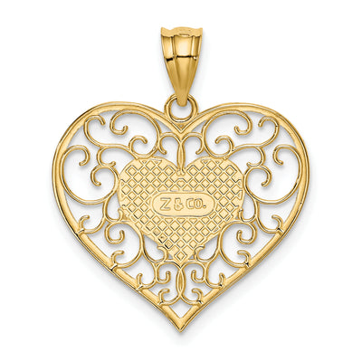 14K Polished Filigree Heart Pendant, 26 x 22mm