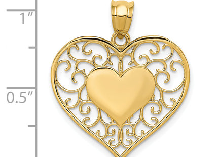 14K Polished Filigree Heart Pendant, 26 x 22mm