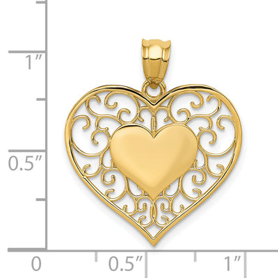 14K Polished Filigree Heart Pendant, 26 x 22mm