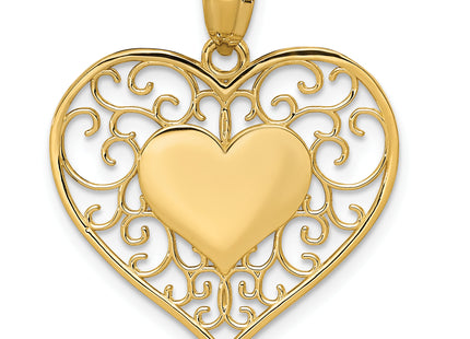 14K Polished Filigree Heart Pendant, 26 x 22mm