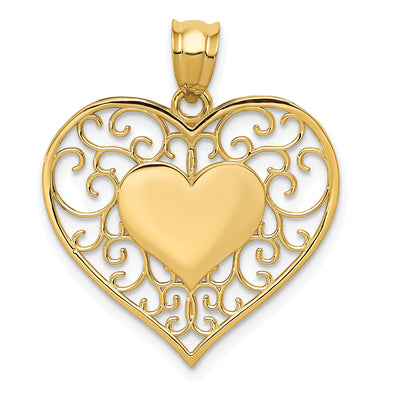 14K Polished Filigree Heart Pendant, 26 x 22mm