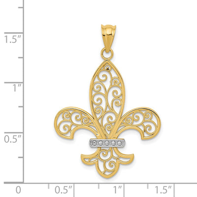 14K and Rhodium Filigree Fleur de Lis Pendant