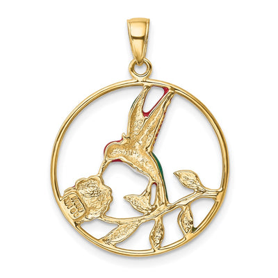 14K Enameled Hummingbird and Flower in Circle Pendant