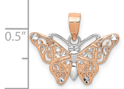 14k Rose Gold w/Rhodium Diamond-cut Butterfly Pendant, 14 x 18mm
