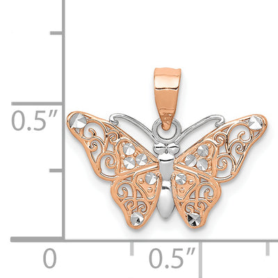 14K Rose Gold w/Rhodium Diamond-cut Butterfly Pendant, 14 x 18mm