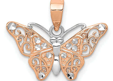 14k Rose Gold w/Rhodium Diamond-cut Butterfly Pendant, 14 x 18mm